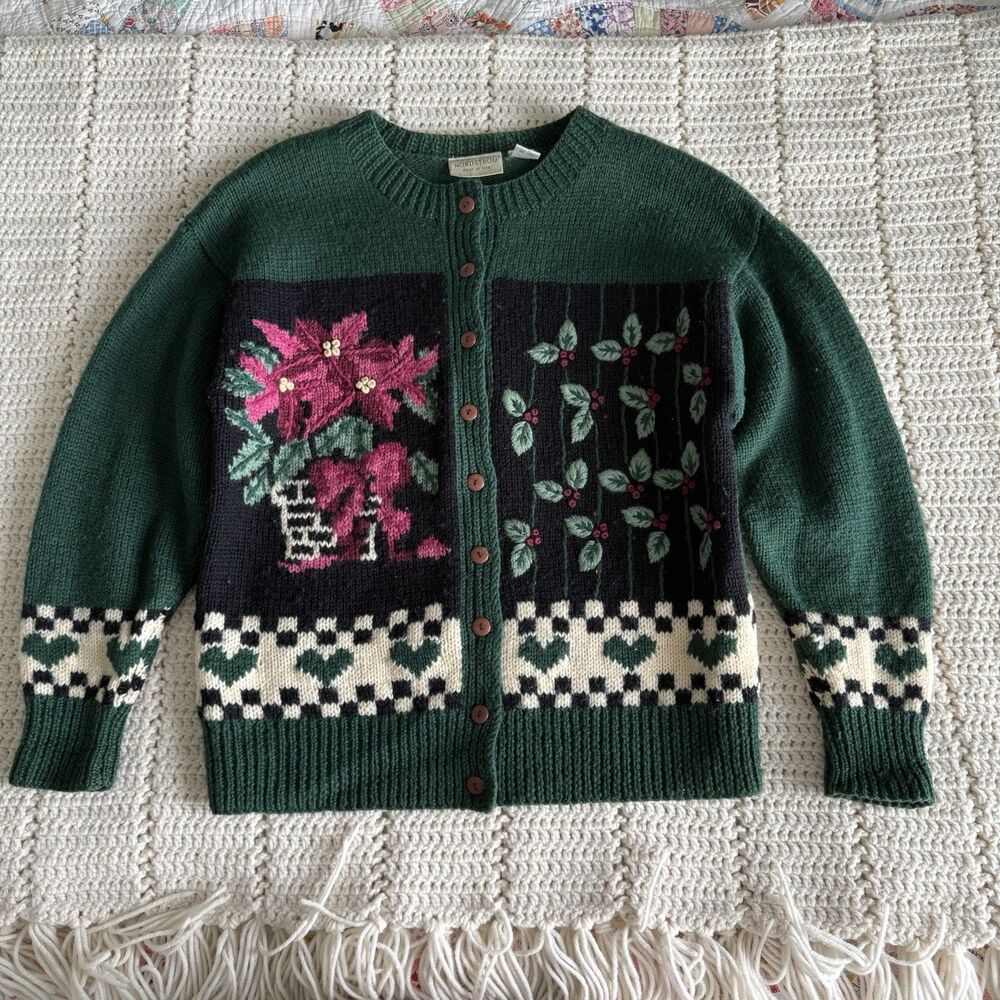 Vintage NORDSTROM Point Of View 100% Wool Embroidered Cardigan Sweater Size M